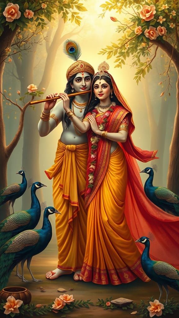 Divine Couple in Vrindavan Forest: Traditional Indian Art