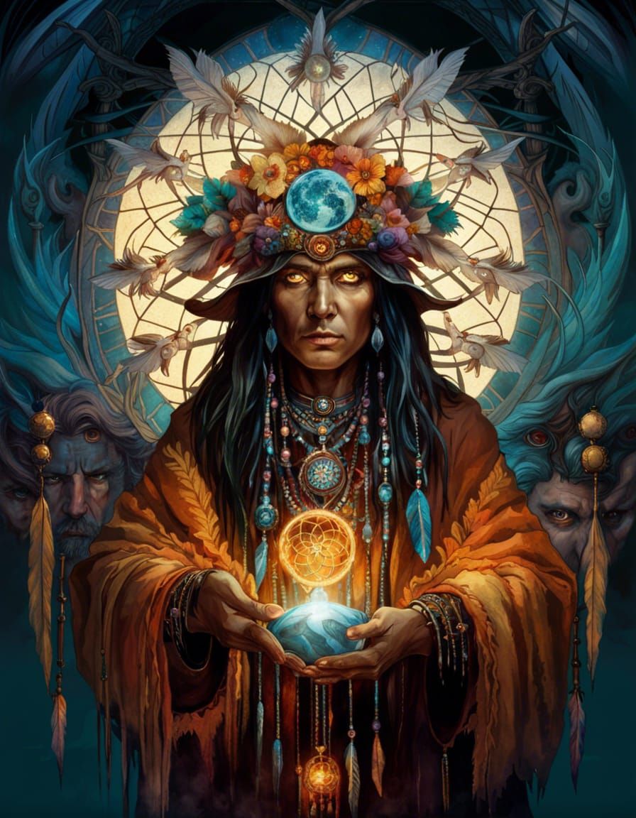 Illuminated Dreamcatcher Held by Shaman: Fantasycore Art