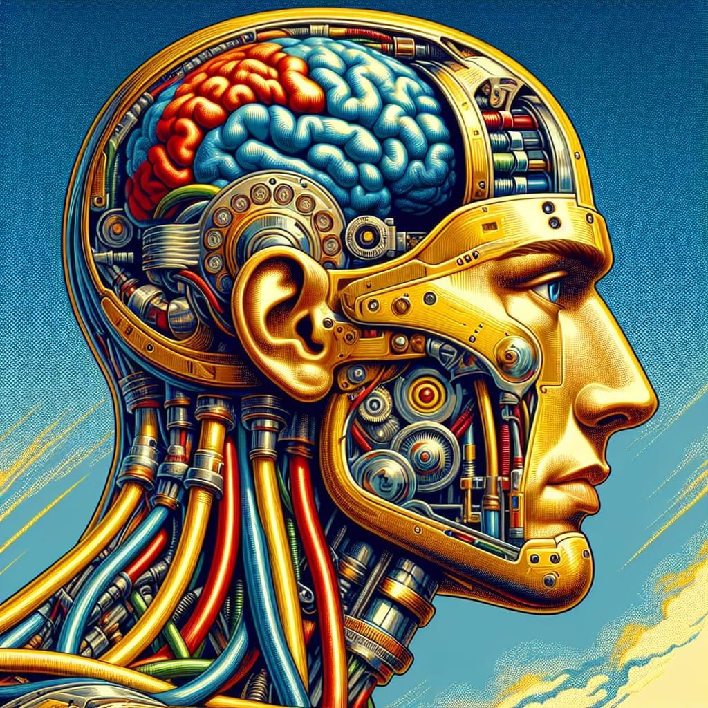 Cyborg Man Profile in 1930s Graphic Design Style