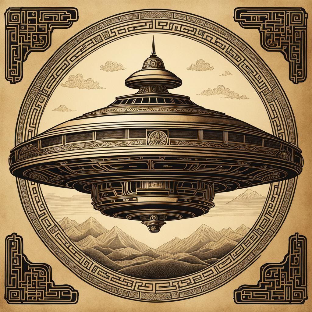 Intricate UFO in Chinese Line Art Style