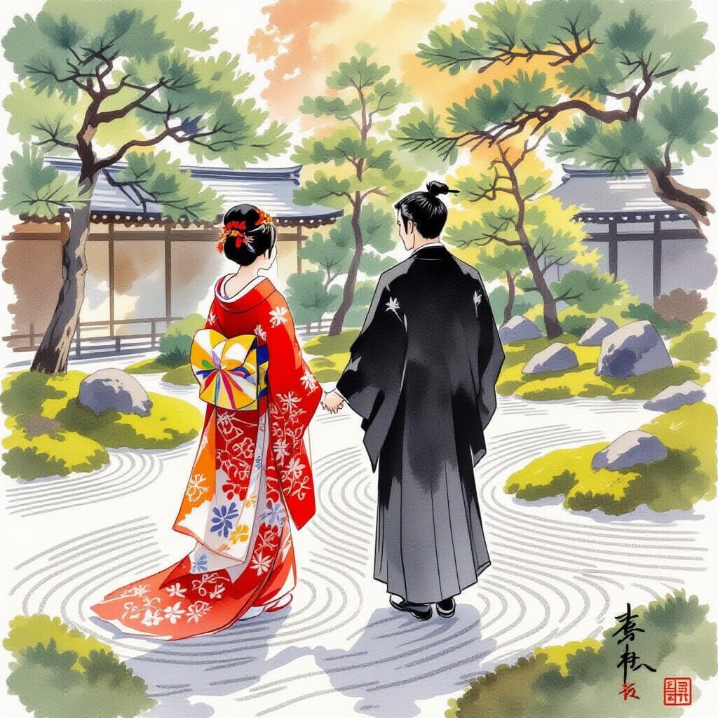 Japanese Wedding in Zen Garden, Watercolor Style