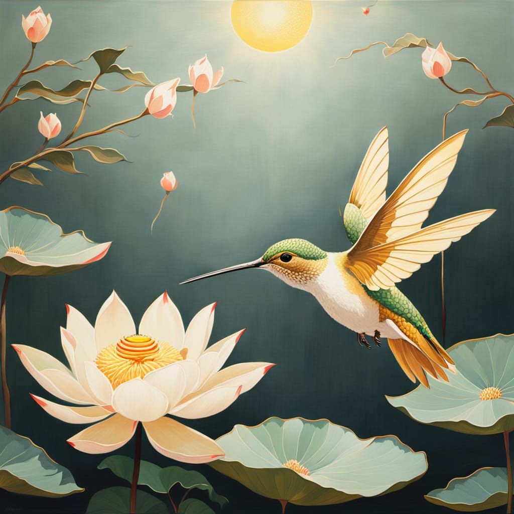 Hummingbird and Lotus in Yamato-e Style