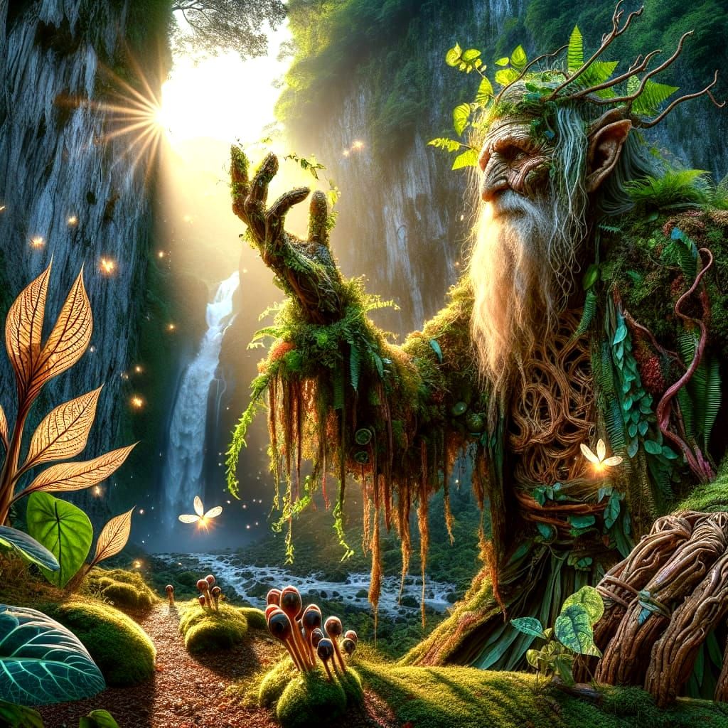 Ancient Forest Giant and Fireflies in Magical Forest