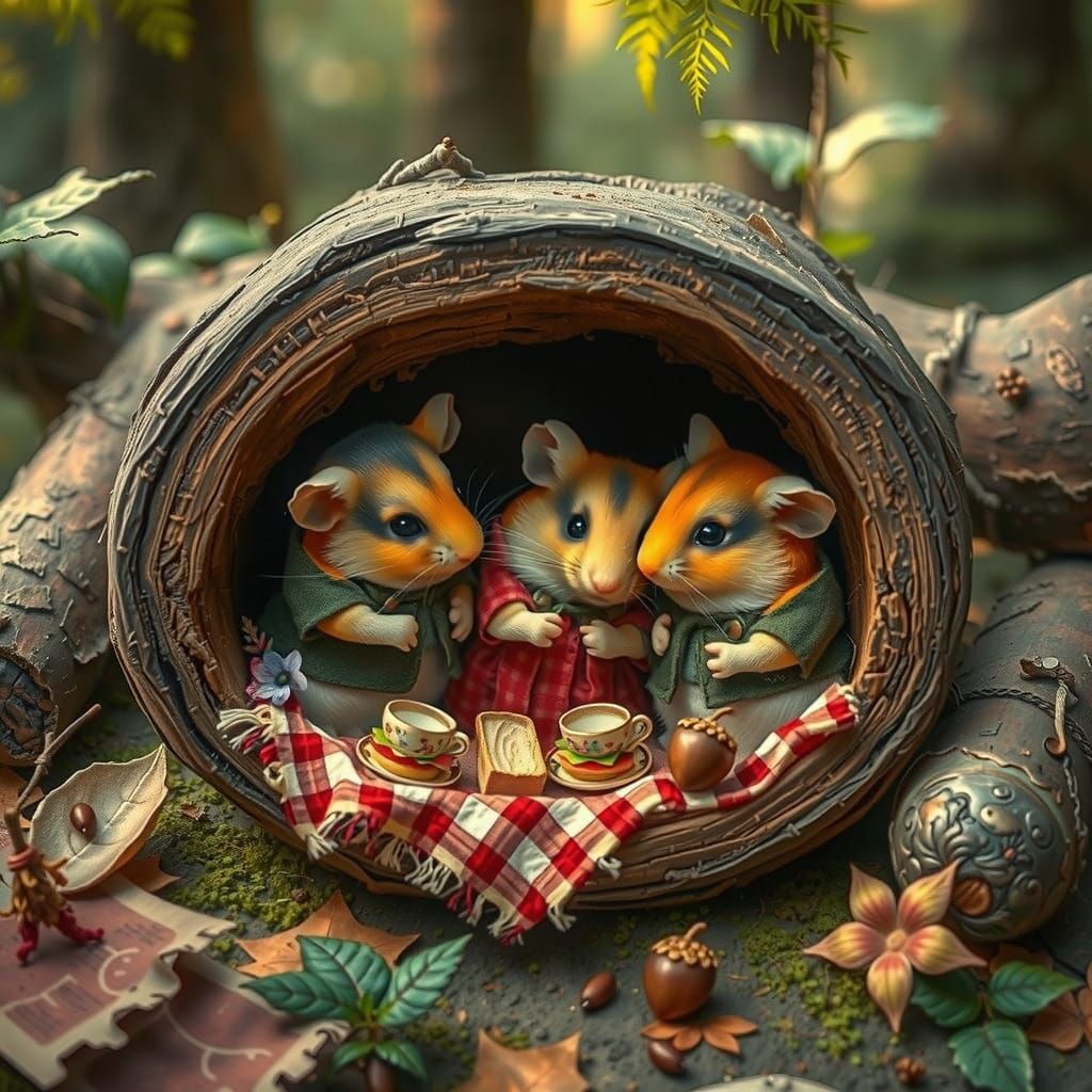 Hamsters' Enchanted Picnic in Hollow Log