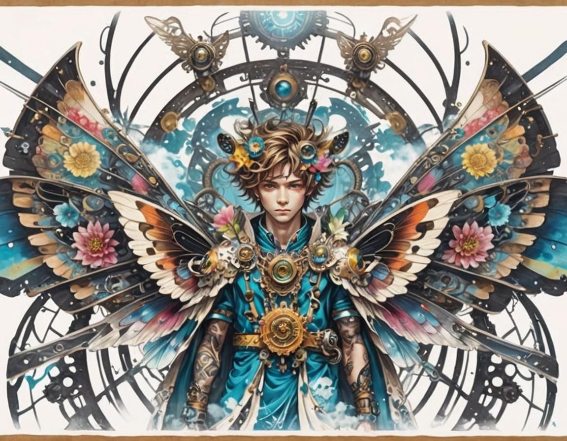 Steampunk Fairy with Clockwork, Dreamy Ink Artwork