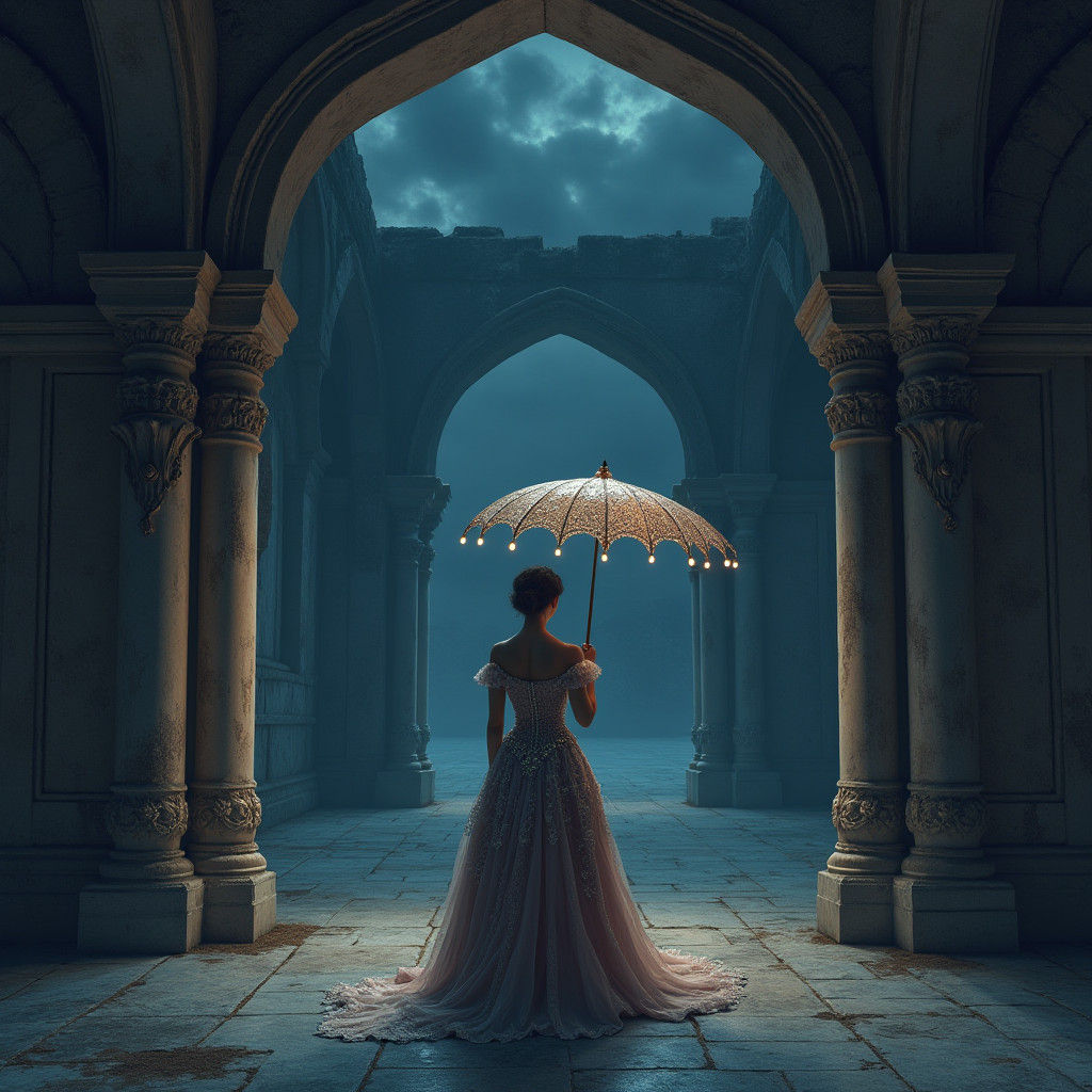 Victorian Woman Under Arches in Dreamlike Matte Painting