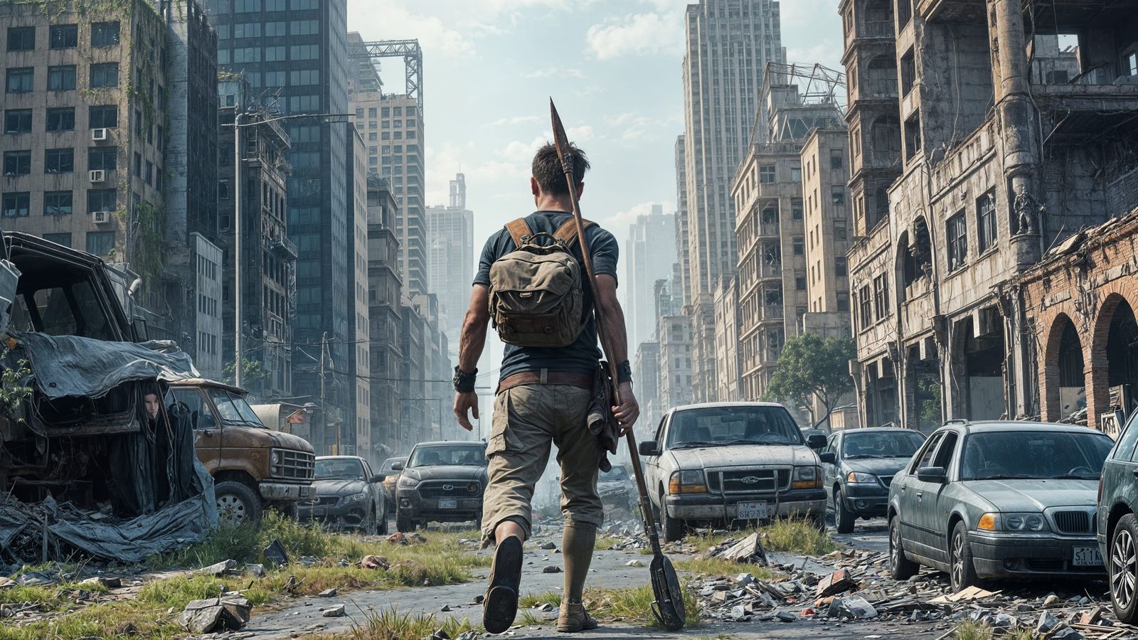 Post Apocalypse Cityscape in Ruin with Overgrown Vegetation