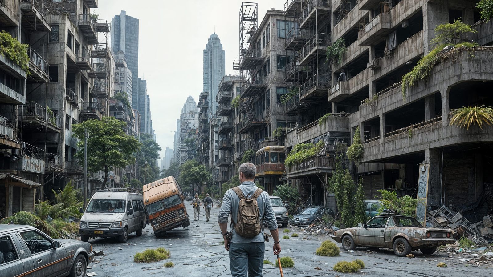 Post Apocalypse Ruins in Dystopian Cityscape with Dense Vege...