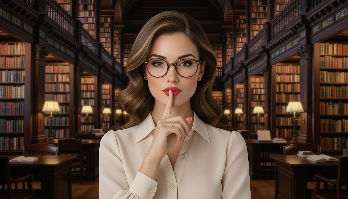 Elegant Librarian Asks for Silence in Hyperrealistic Style