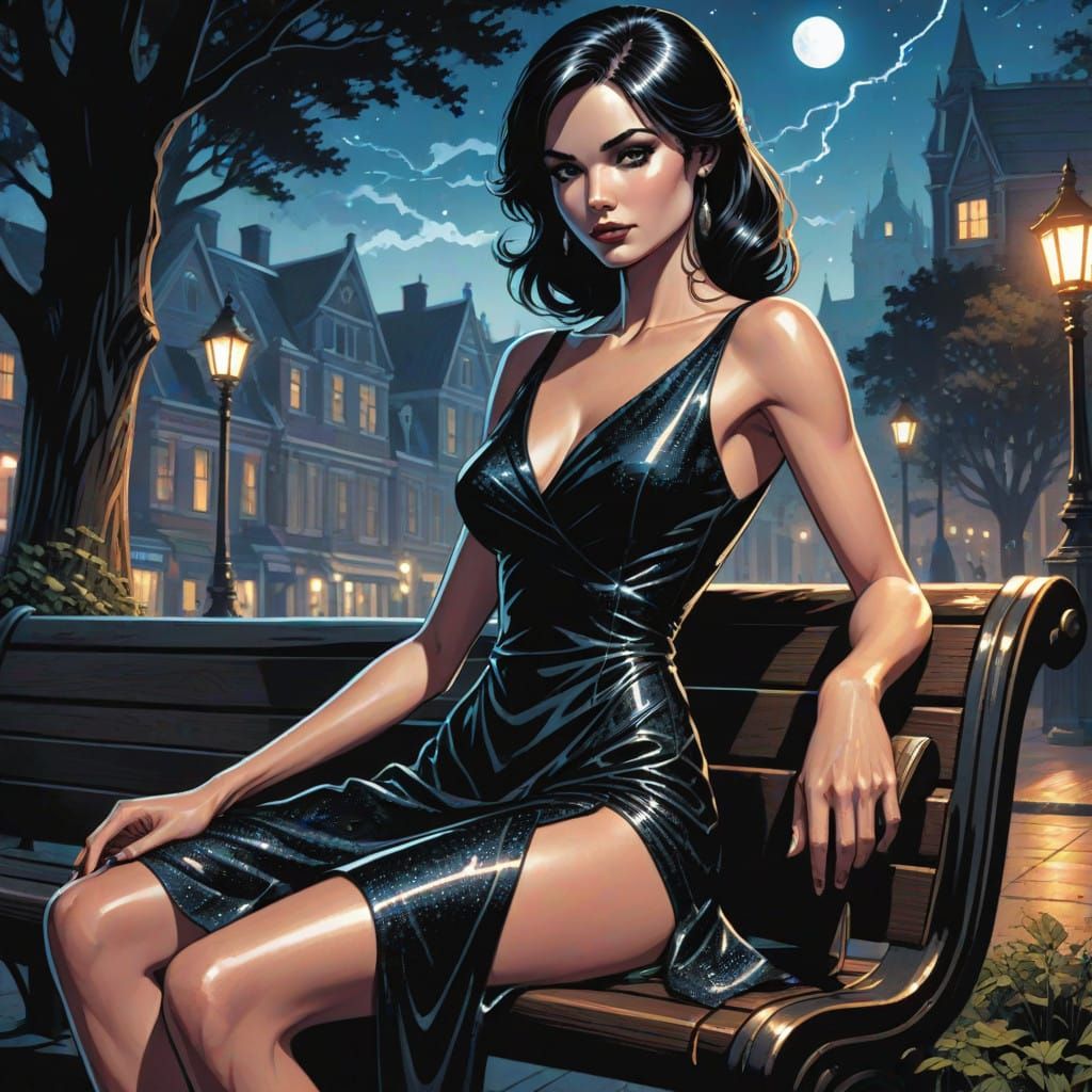 Elegant Woman in Midnight Dress on Urban Bench