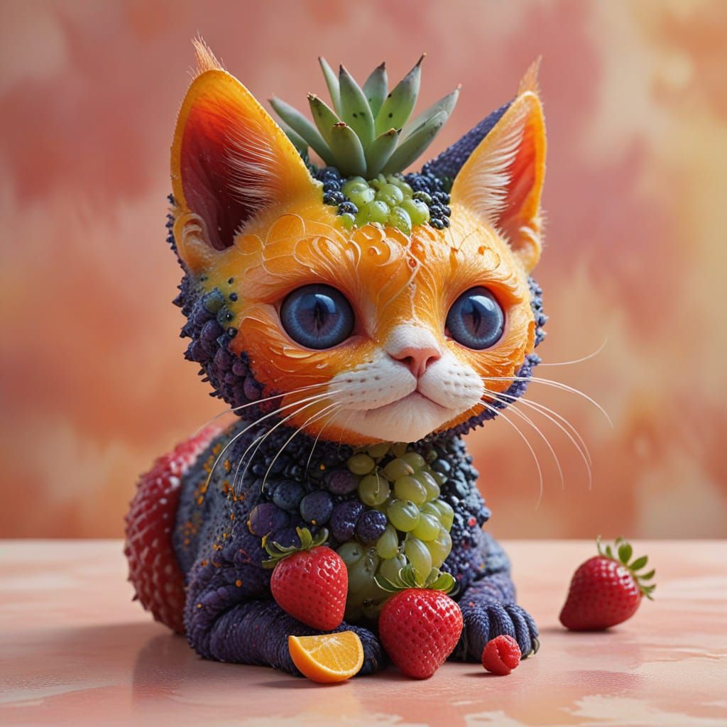 Vibrant Fruit Salad Cat in Whimsical Still Life Style