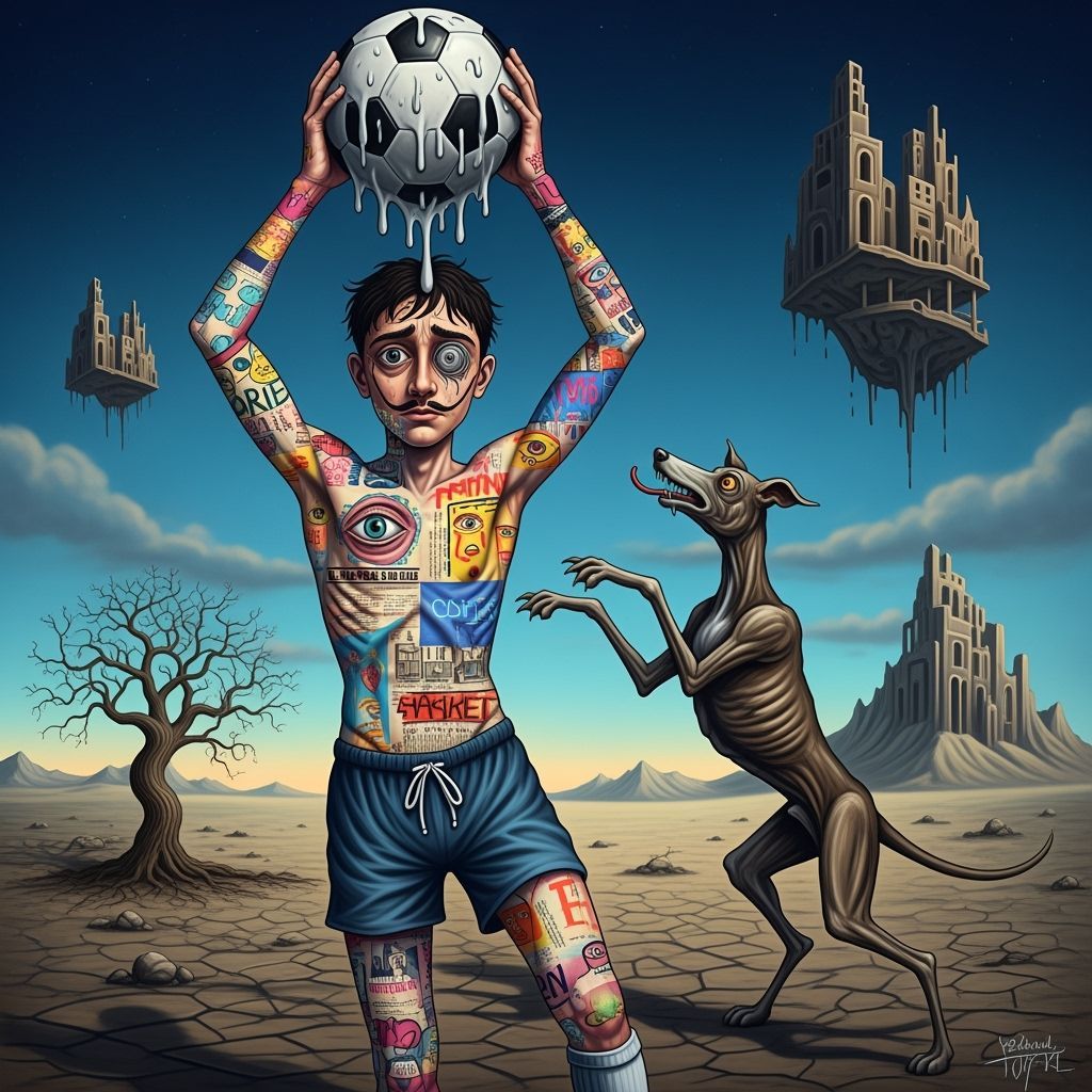 Young Man with Dog Reaching for Ball in Dynamic Pose