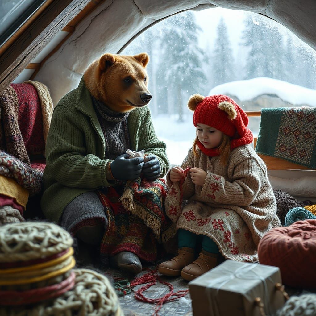Grandma Bear Teaches Granddaughter Sewing in Igloo Workshop