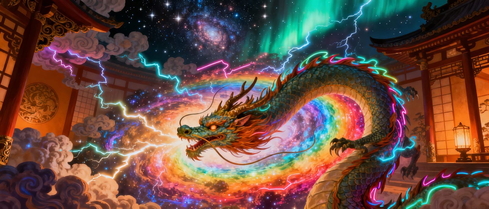 Bioluminescent Japanese Dragon in Neon Rainbow Nebula