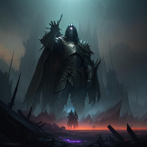 Heroic Warrior Confronts Dark Sorcerer in Desolate Battlefie...