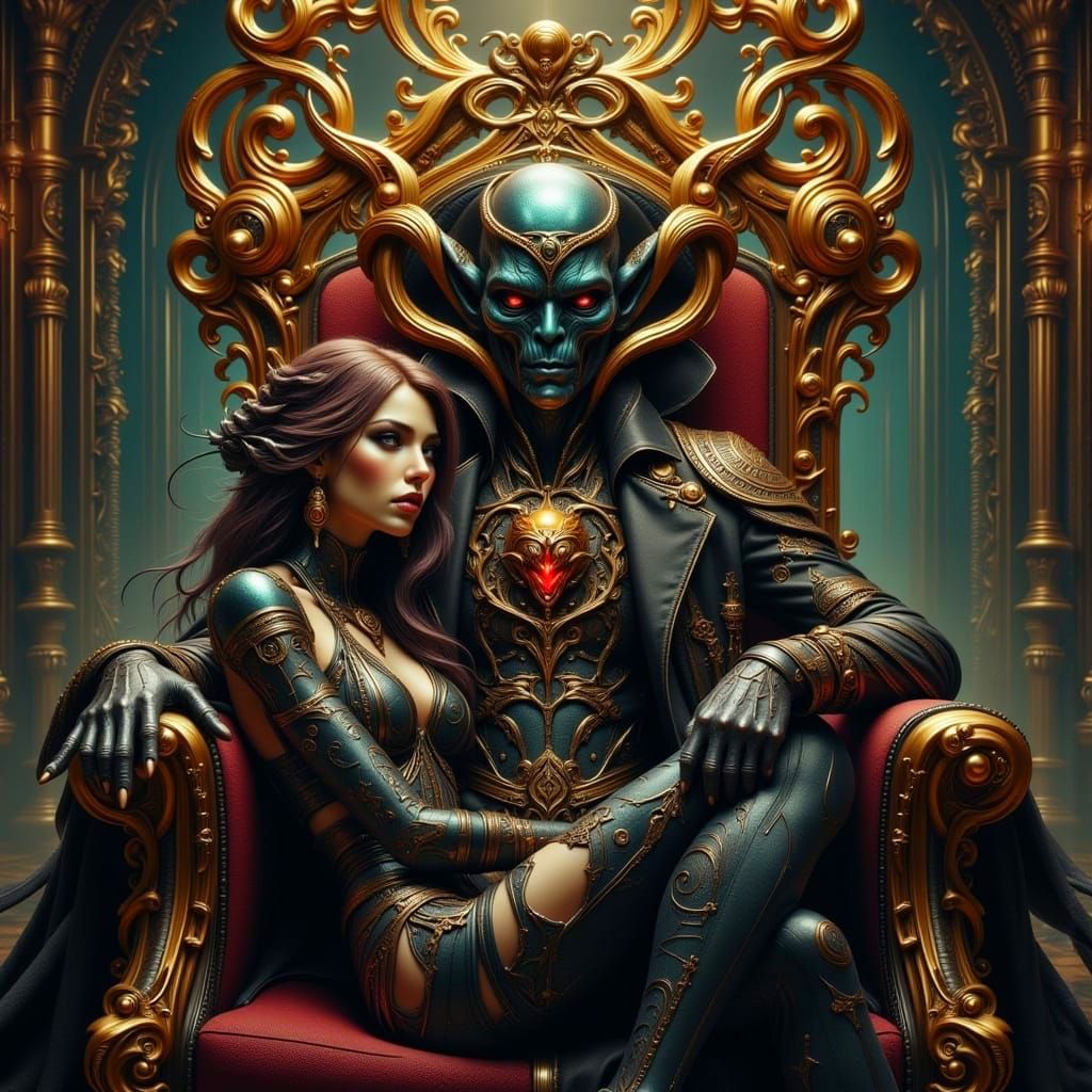 Extraterrestrial Overlord with Captive Human Concubine in Cy...