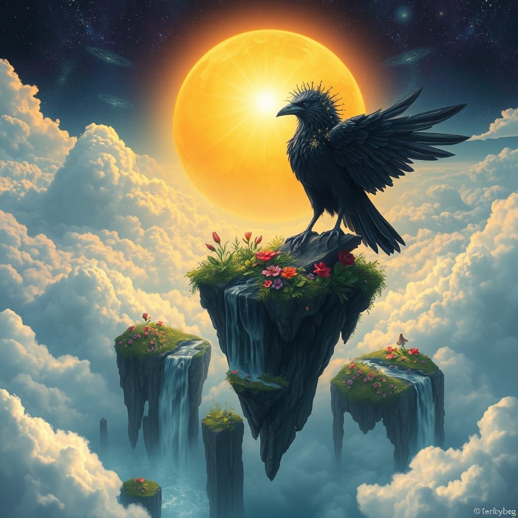 Raven with Starlight Mane on Floating Island