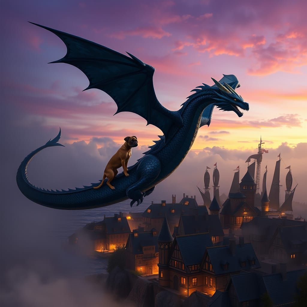 Dragon and Boxer Dog Soar Over Mystical Ocean Town