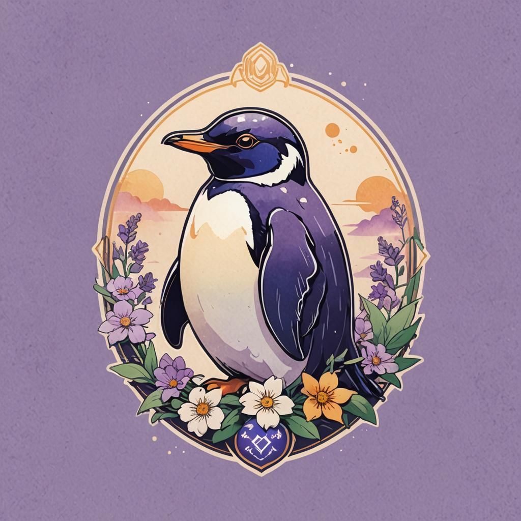 Retro Anime Penguin Logo in Violet Evergarden Style