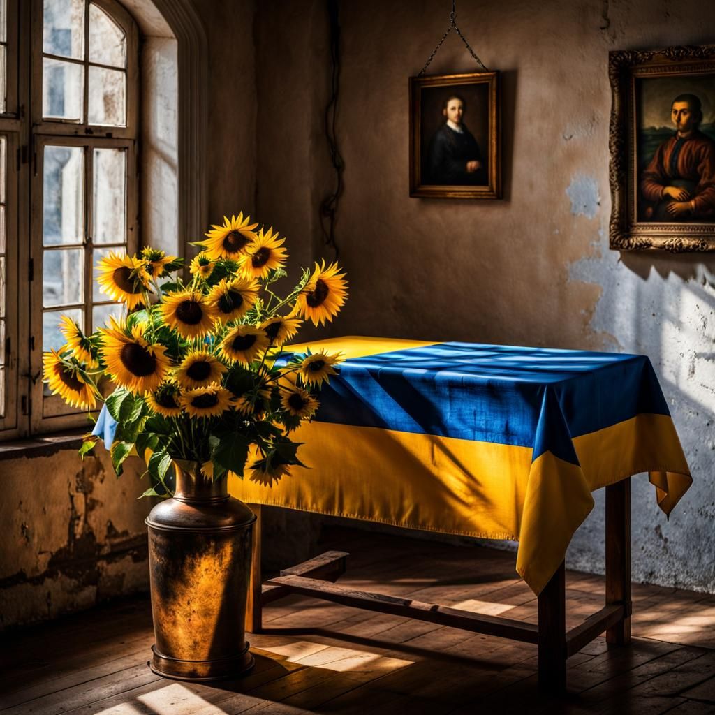 Ukrainian Flag Still Life with Sunflowers in Realist Style
