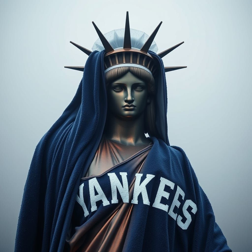 Statue of Liberty in Yankees Towel and Shower Cap
