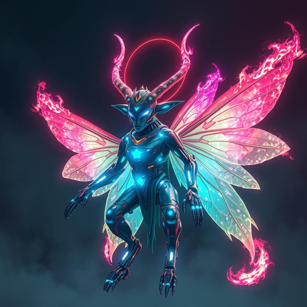 Cyborg Oni with Laser Fairy Wings in Neon Dreamscape