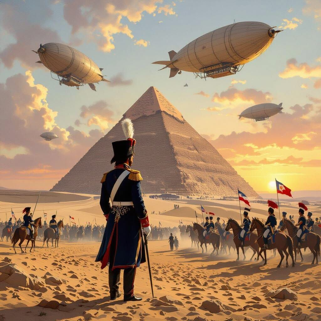 Napoleon at Giza with Steampunk Airships