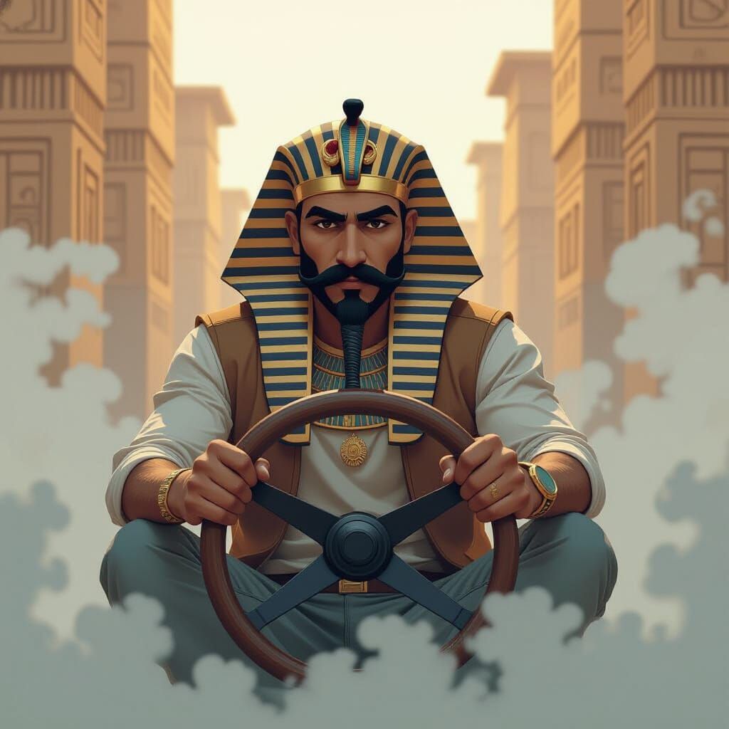 Egyptian Gamer Drifts with Wooden Wheel in Smoke