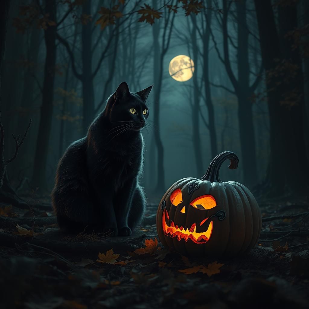 Mystical Black Cat and Pumpkin in Dark Autumn Forest