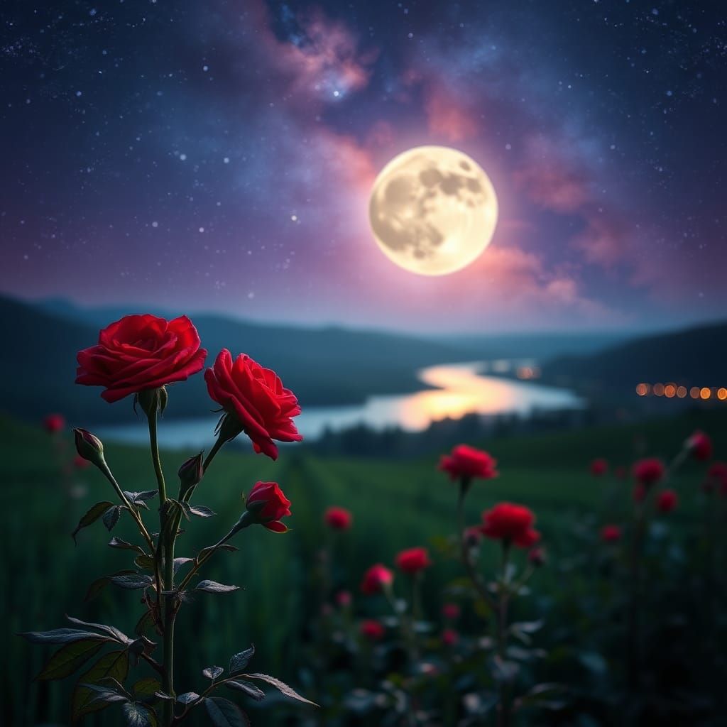Roses in Field Under Galaxy Sky: Photography
