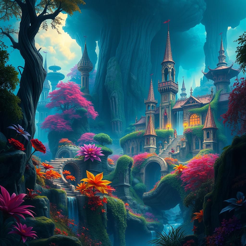 Lush Fantasy Realm in Watercolor Pencil Style