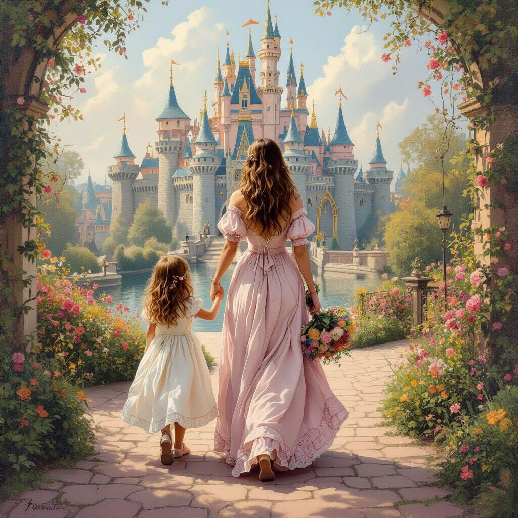 Mother and Daughter in Ballgowns on Castle Stairs