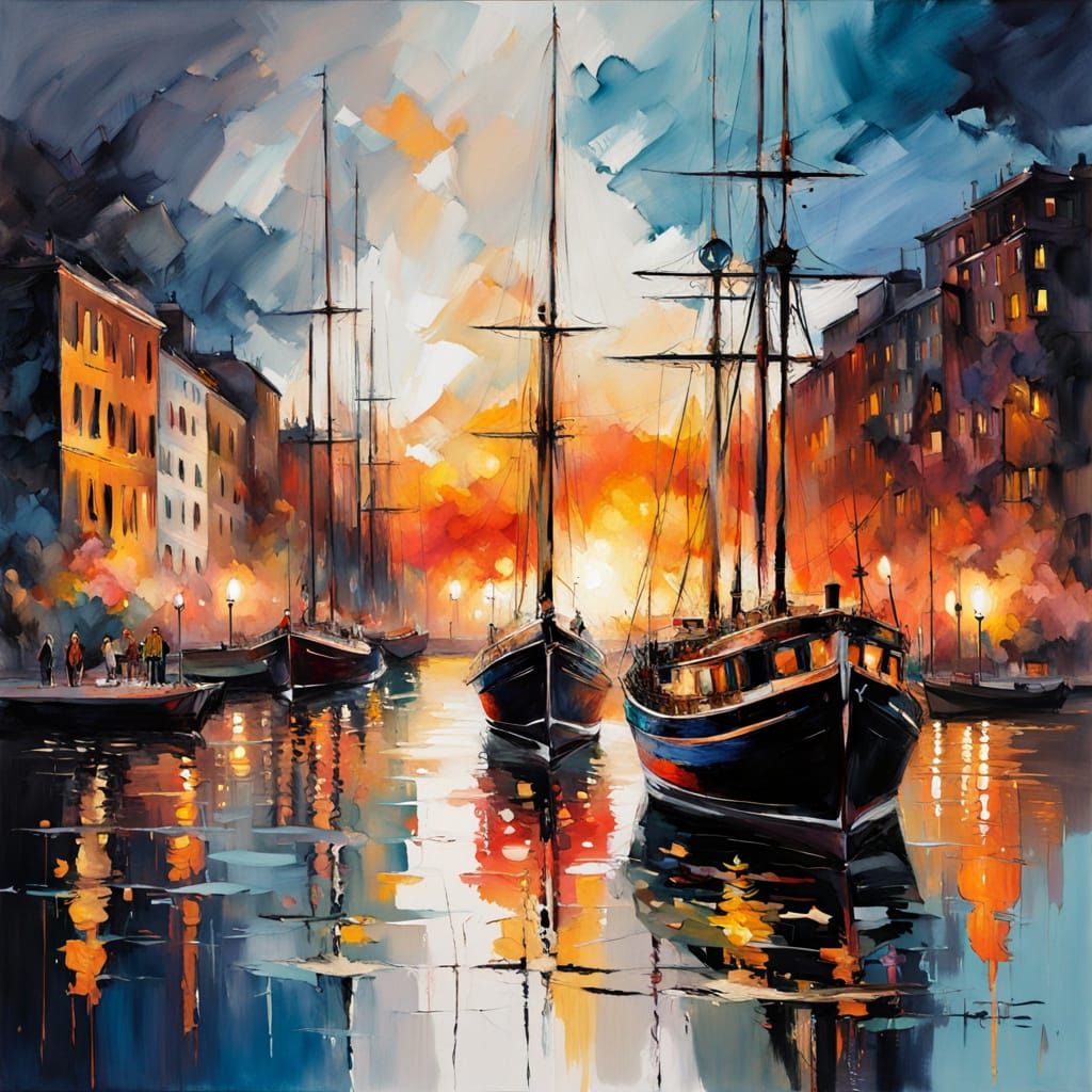 Sunlit Harbor with Sailing Ships in Impressionistic Digital ...