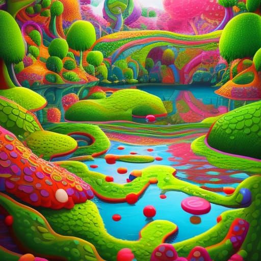 Magical Flowery Forest and Ancient Lake in Candy Art