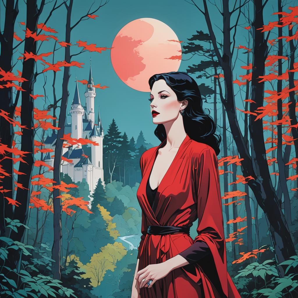 Woman in Red Dress Before Bioluminescent Castle