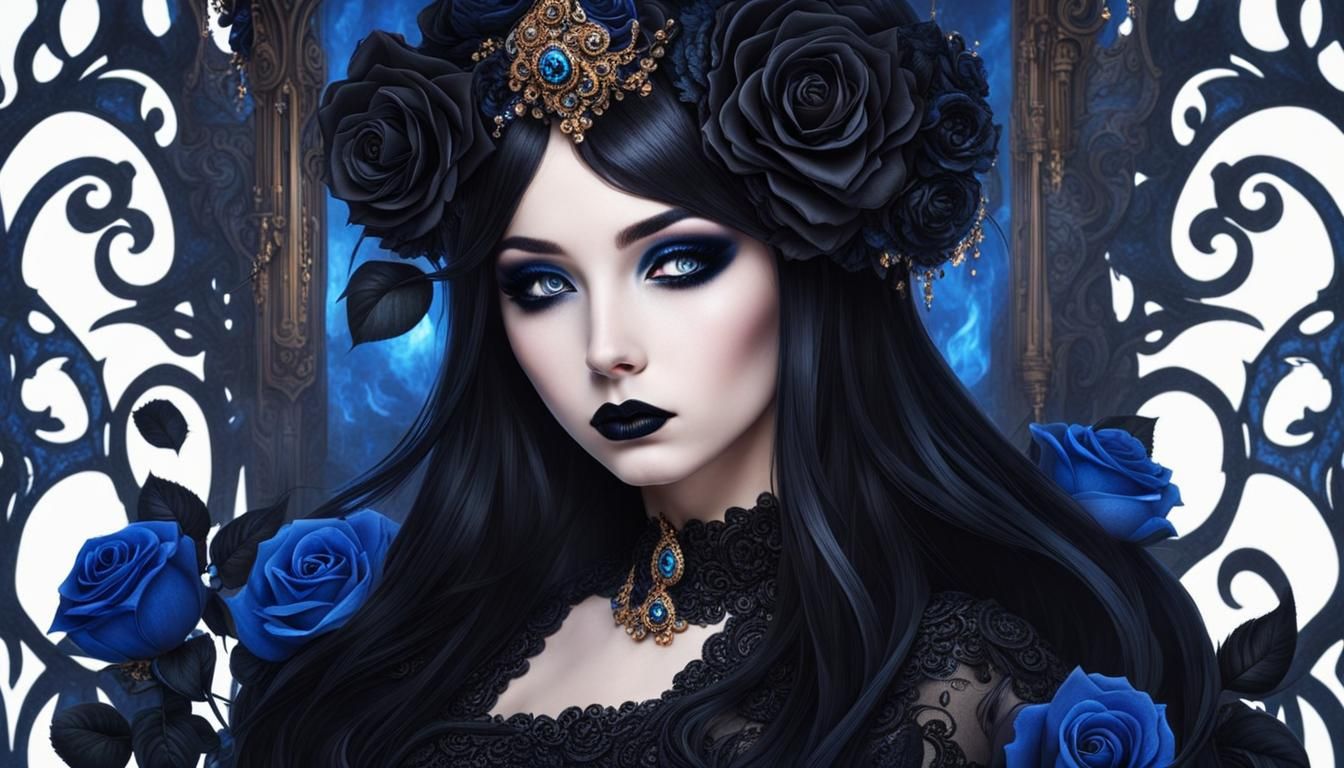 Goth Girl with Blue Roses and Flame