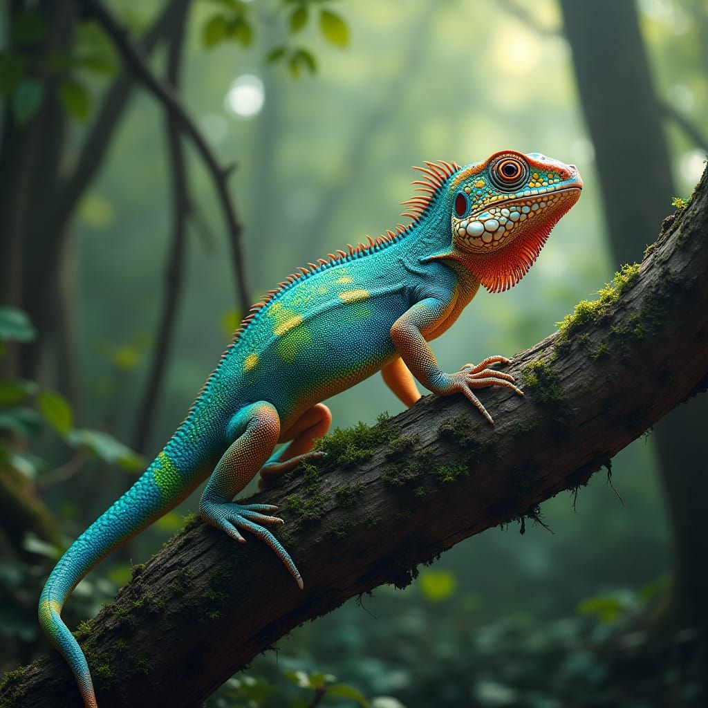 Iridescent Sitana Fan Throated Lizard in Vibrant Forest Sett...