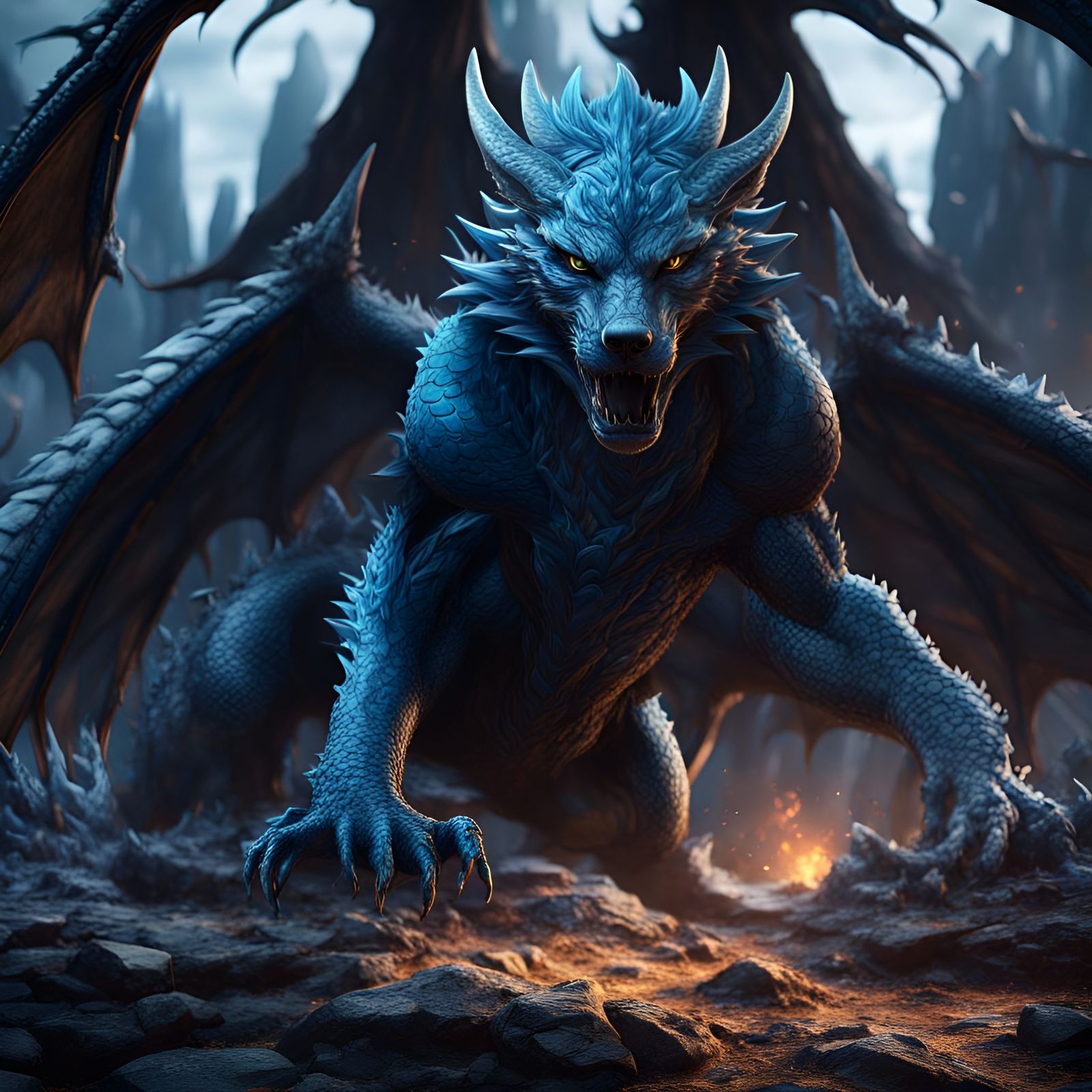 Blue Wolf and Black Dragon Fantasy Concept Art