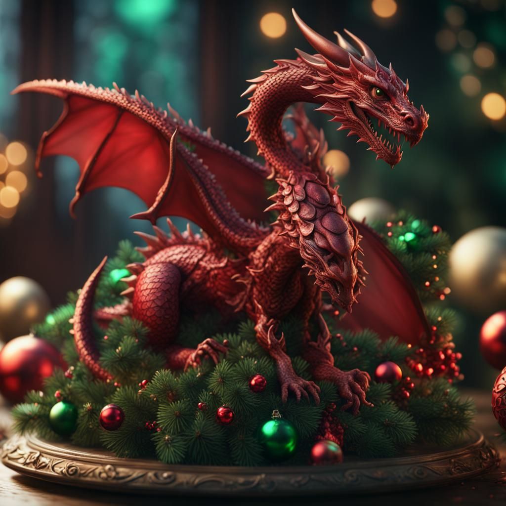 Red and Green Christmas Dragon Ornament in Matte Painting