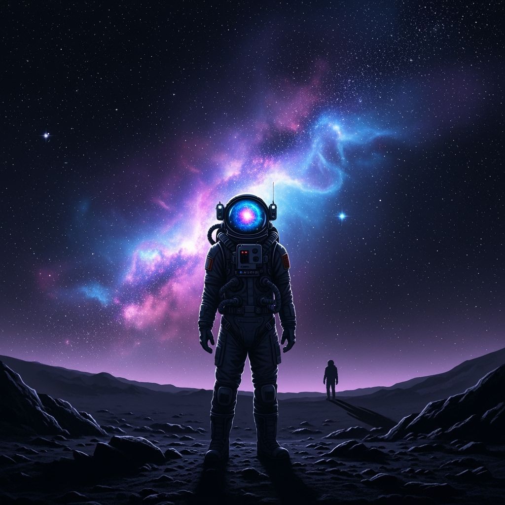 Astronaut Contemplates Nebula on Alien Planet