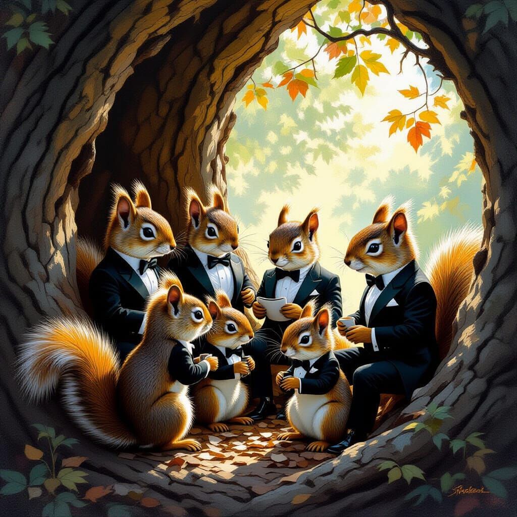 Squirrels in Tuxedos Gather, Oil Painting Style