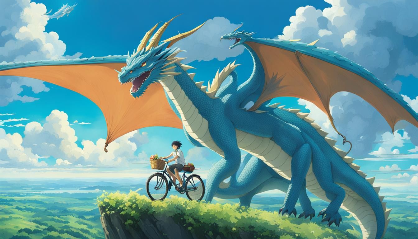 Happy Teens Ride a Dragon in Ghibli Anime Style