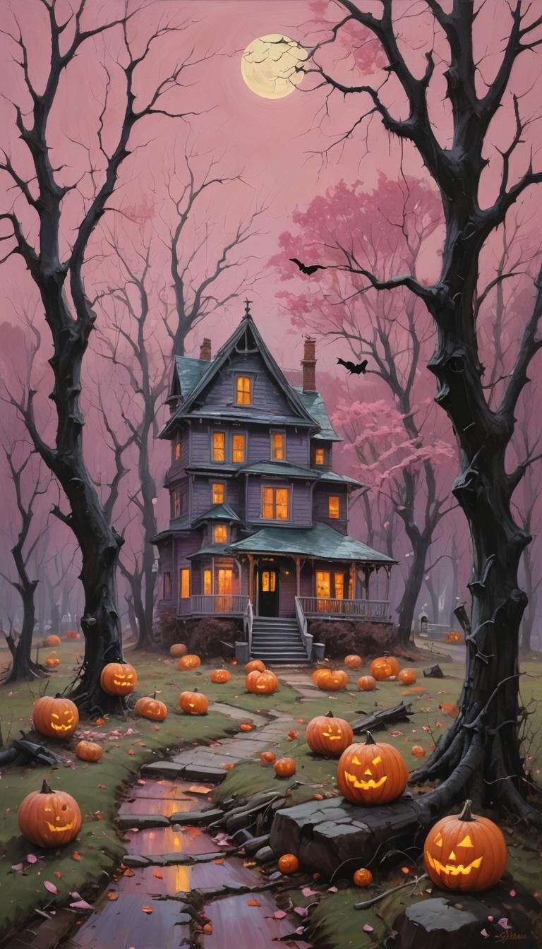 Pink Halloween Scene as Oil Painting