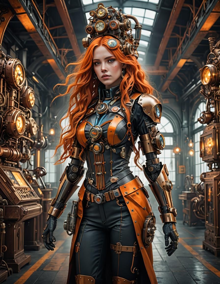 Biochemical Android in Steampunk Museum: Color Splash Art