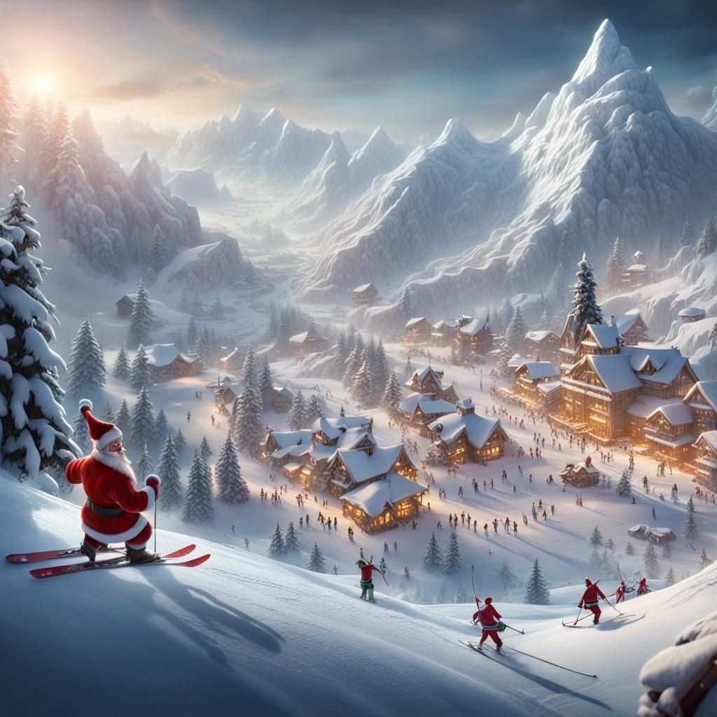 Santa Claus Skiing in Winter Wonderland