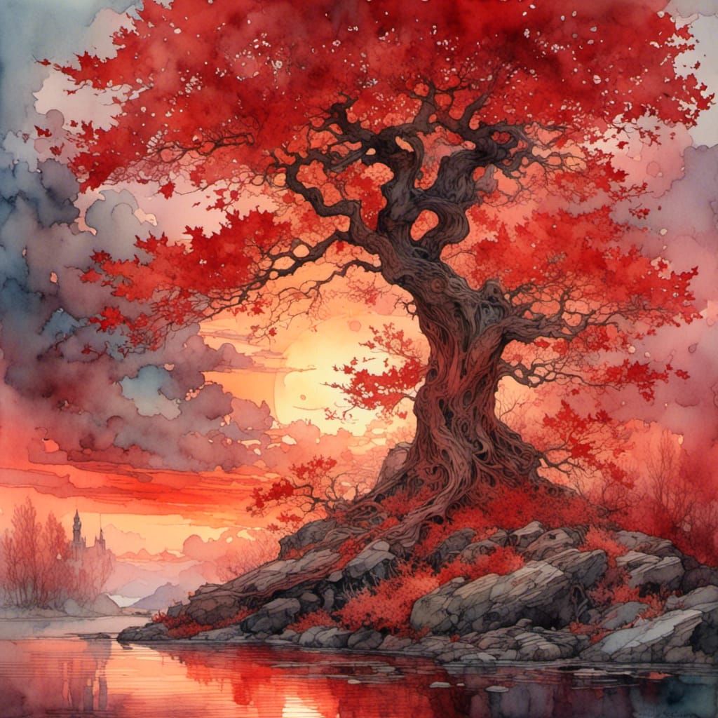 stunning red maple tree, incredible light, in front of a red...