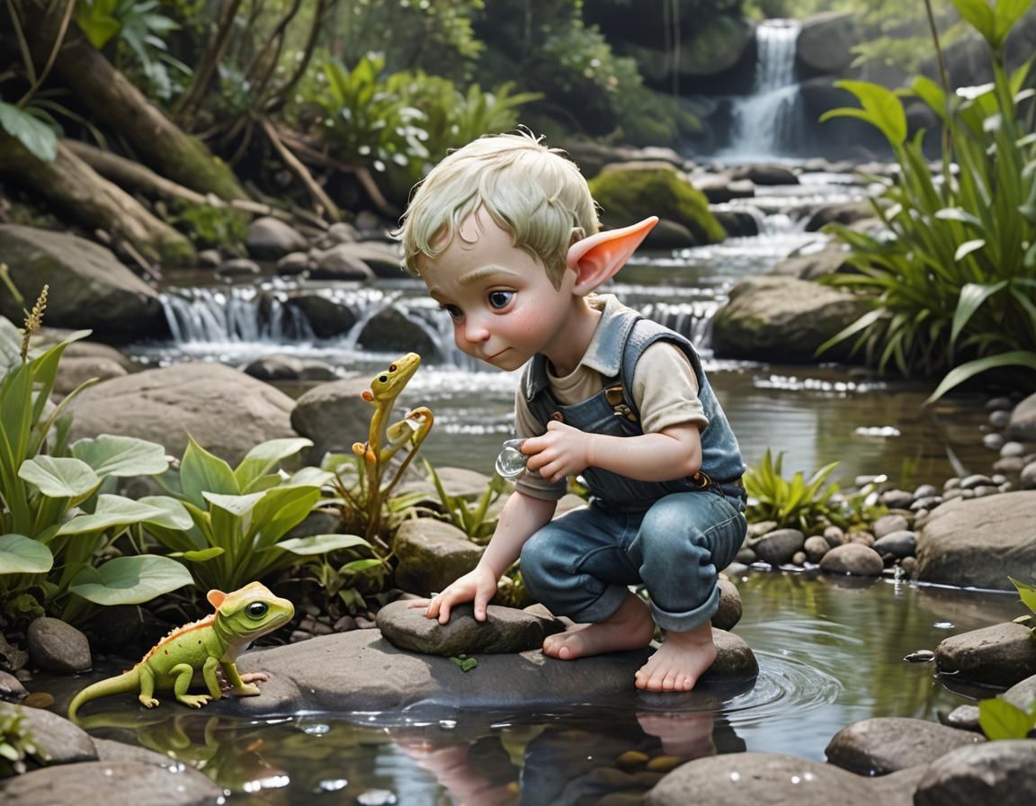 Elf and Gecko Friends by a Stream