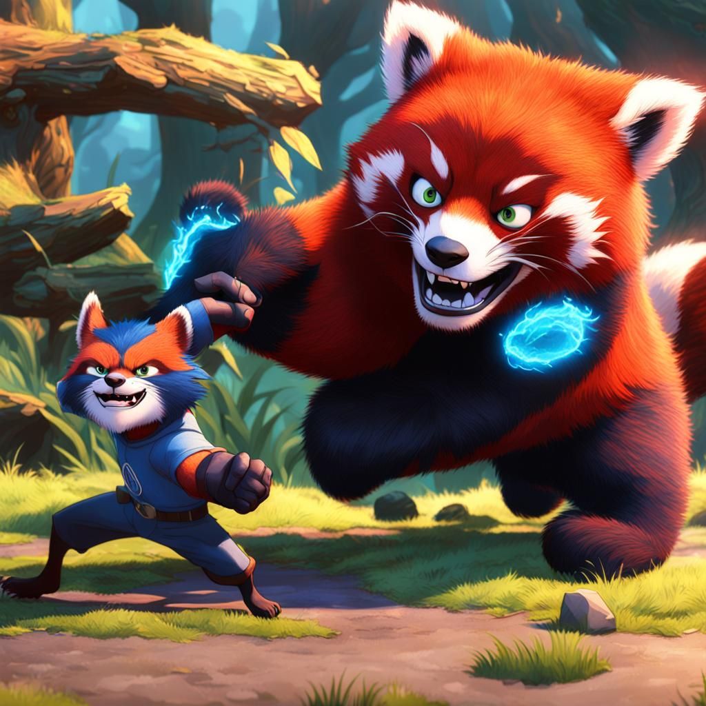 Demon and Red Panda Ready to Fight: Pixar-Style