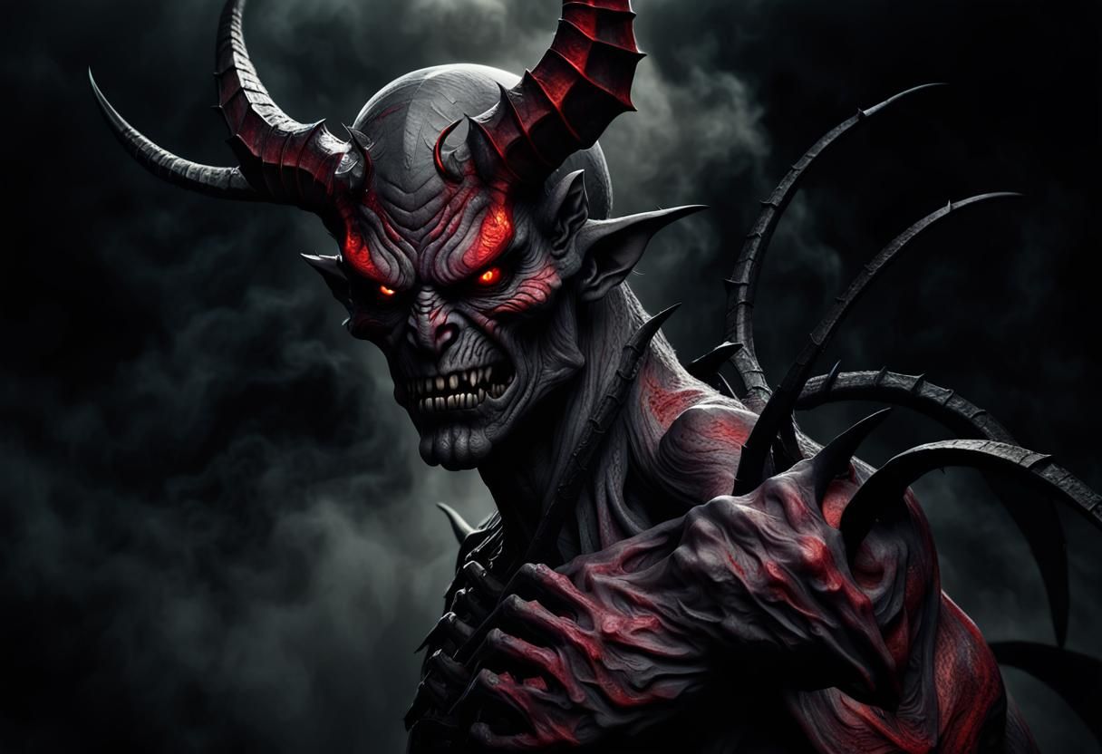 Red-Skinned Demon with Purple Hair in Dark Fantasy Art