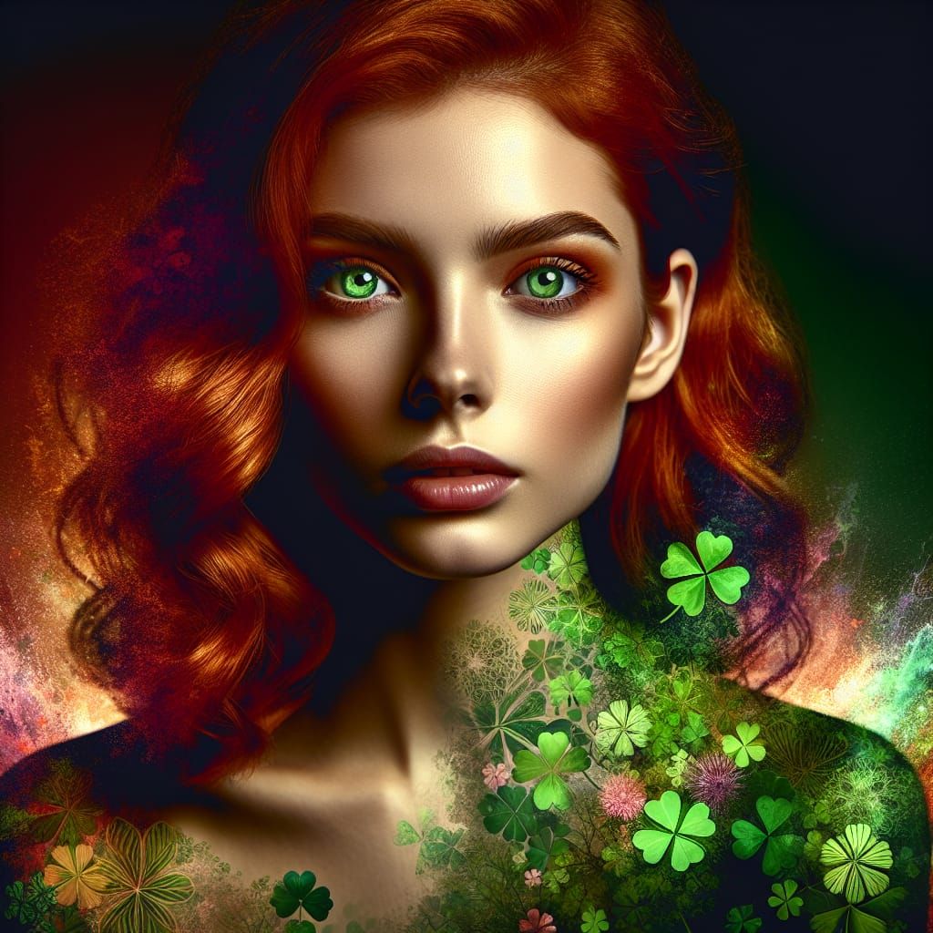 Irish Woman Portrait with Clover Double Exposure